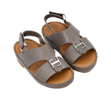 FARES brand luxury boys' sandals leather with tan footbeds and silver "F" logo buckles on a white background.