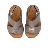 FARES brand luxury boys' sandals leather with tan footbeds and silver "F" logo buckles on a white background.