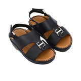 FARES brand luxury boys' sandals leather with tan footbeds and silver "F" logo buckles on a white background.