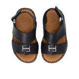 FARES brand luxury boys' sandals leather with tan footbeds and silver "F" logo buckles on a white background.