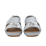 FARES brand luxury boys' sandals leather with tan footbeds and silver "F" logo buckles on a white background.