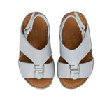 FARES brand luxury boys' sandals leather with tan footbeds and silver "F" logo buckles on a white background.
