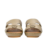 Pair of FARES textured leather sandals with tan footbeds, visible perimeter stitching, and adjustable heel straps on a white background.