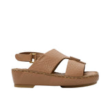 Pair of FARES brand tan pebbled leather sandals with gold-tone buckles and a metallic center stud accent, featuring visible hand-stitching on a white background.