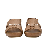 Pair of FARES brand tan pebbled leather sandals with gold-tone buckles and a metallic center stud accent, featuring visible hand-stitching on a white background.