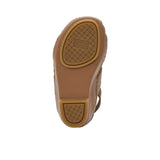 Pair of FARES brand tan pebbled leather sandals with gold-tone buckles and a metallic center stud accent, featuring visible hand-stitching on a white background.
