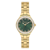 FREELOOK women's gold-tone stainless steel watch with dark green sunray dial, crystal-set hour markers, and crystal bezel.
