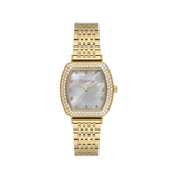 FREELOOK women's gold-tone stainless steel watch featuring a white mother-of-pearl dial, crystal hour markers, and a crystal-set bezel.