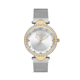 FREELOOK women's crystal watch with gold-tone case, silver dial, and silver mesh bracelet