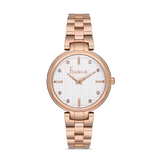 FREELOOK women's rose gold stainless steel watch with silver textured dial and crystal hour markers