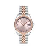 FREELOOK women's two-tone rose gold and silver bracelet watch with pink dial, crystal markers, and date display