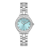 FREELOOK women's silver-tone stainless steel watch featuring an ice blue dial, crystal hour markers, and crystal-set bezel.