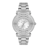 FREELOOK women's silver-tone bracelet watch featuring a silver dial, crystal-set hour markers, and multi-row crystal pavé bezel.