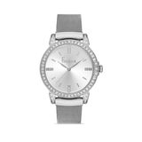 FREELOOK women's silver mesh bracelet watch with crystal bezel, crystal accents, and silver dial