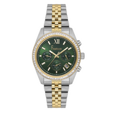 FREELOOK women's two-tone silver and gold multifunction watch featuring a green dial, crystal bezel, date display, and multifunction sub-dials.