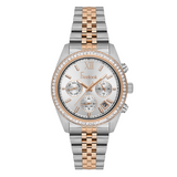 FREELOOK women's two-tone rose gold and silver multifunction watch with crystal bezel, silver dial, sub-dials, and date display.