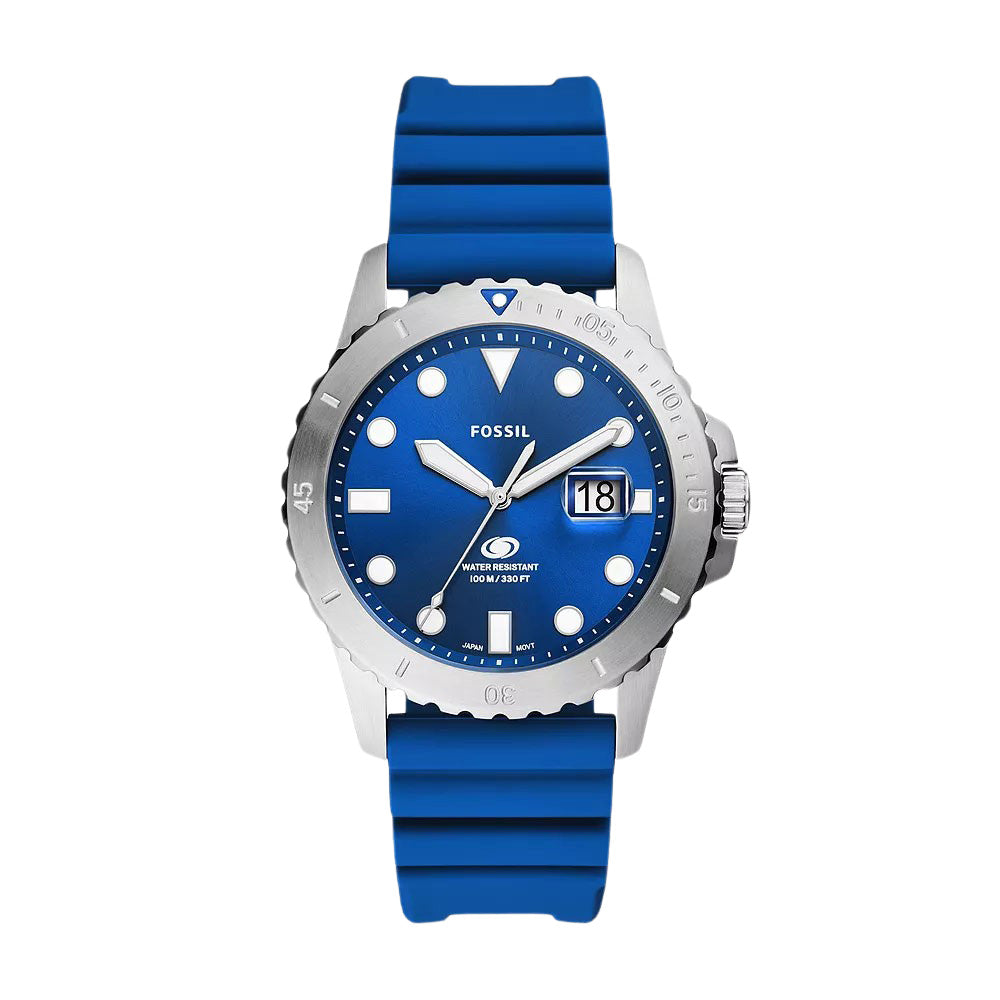 Fossil Blue Dive Three-Hand Date Blue Silicone Watch – Blue Salon