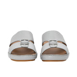 Front view of a pair of FARES taupe leather sandals with silver buckle details.