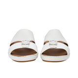 Front view of a pair of FARES taupe leather sandals with silver buckle details.
