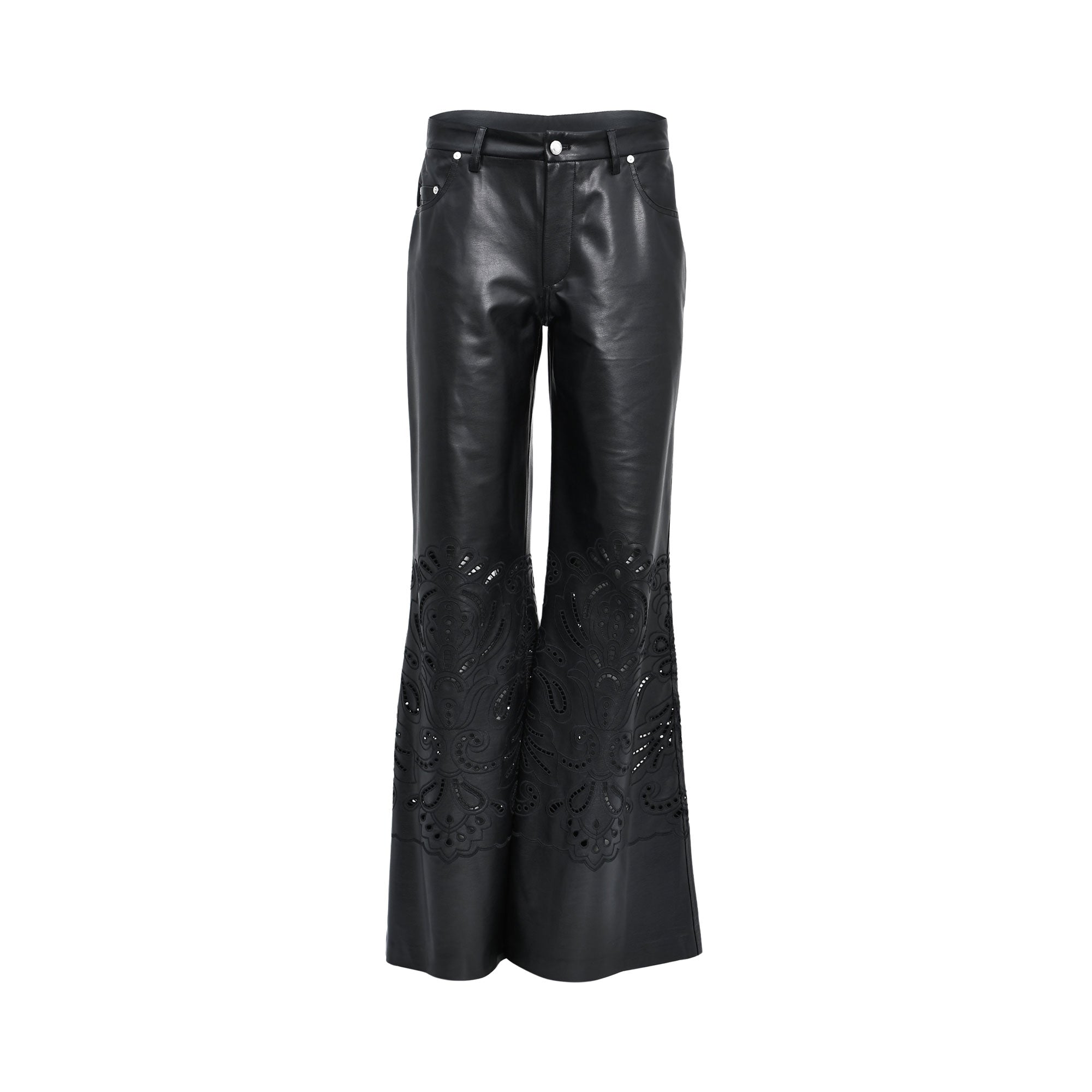 Ermanno Firenze black faux leather flared trousers with intricate laser-cut floral detailing for a bold feminine look. Shop the Latest Online.