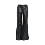 Ermanno Firenze black faux leather flared trousers with intricate laser-cut floral detailing for a bold feminine look. Shop the Latest Online.