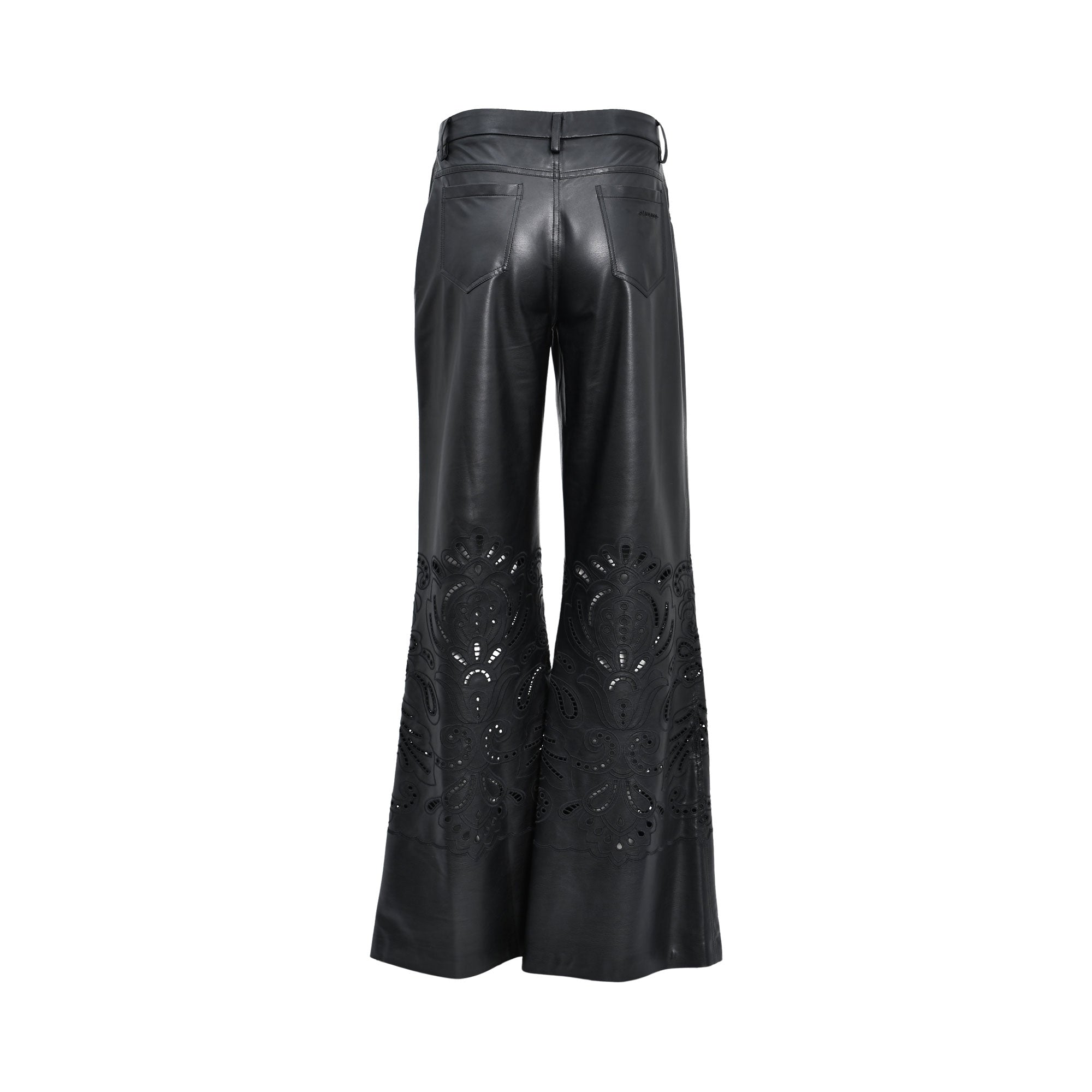 Ermanno Firenze black faux leather flared trousers with intricate laser-cut floral detailing for a bold feminine look. Shop the Latest Online.