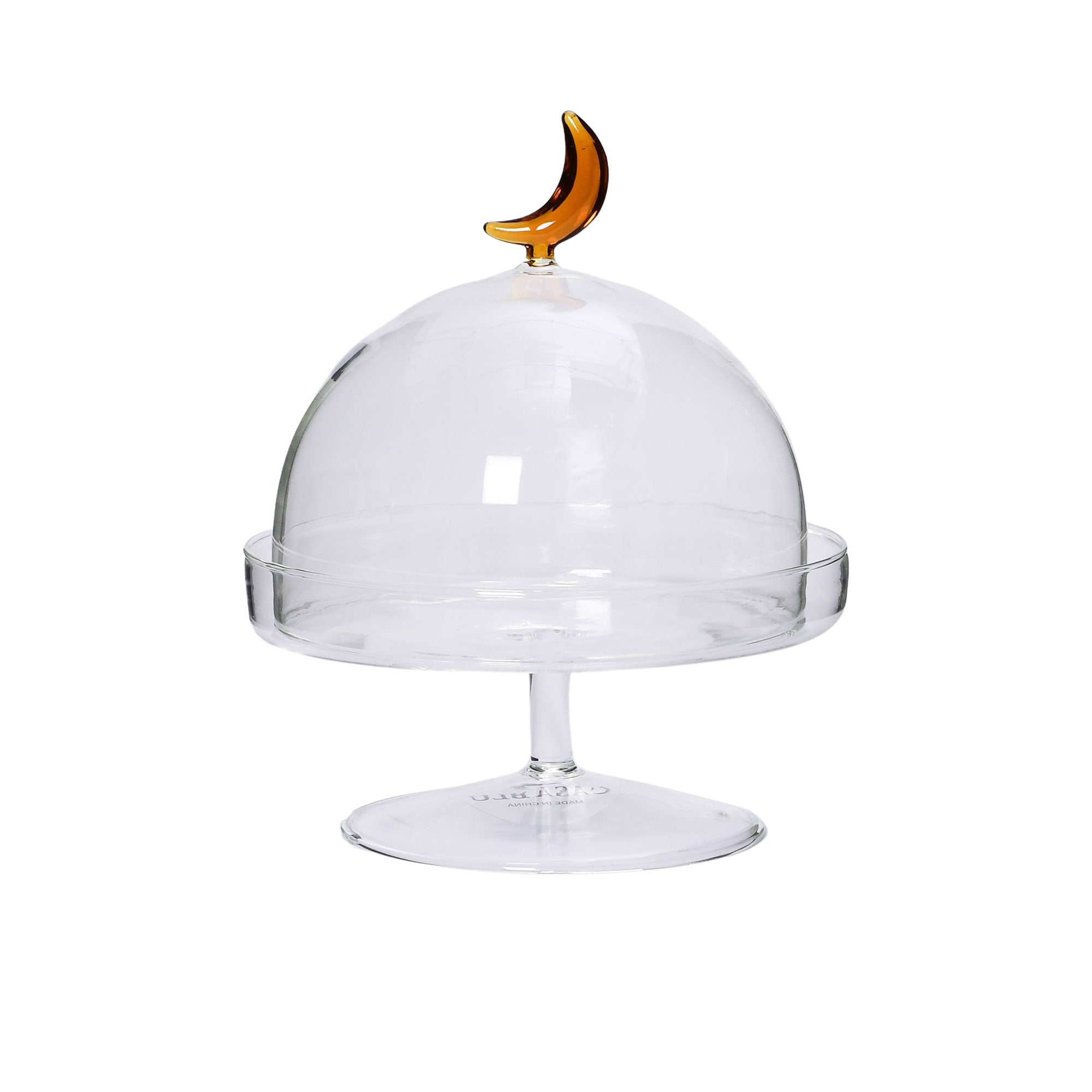Favorite Glass clear cake stand with glass dome and amber moon handle. Shop Now Online