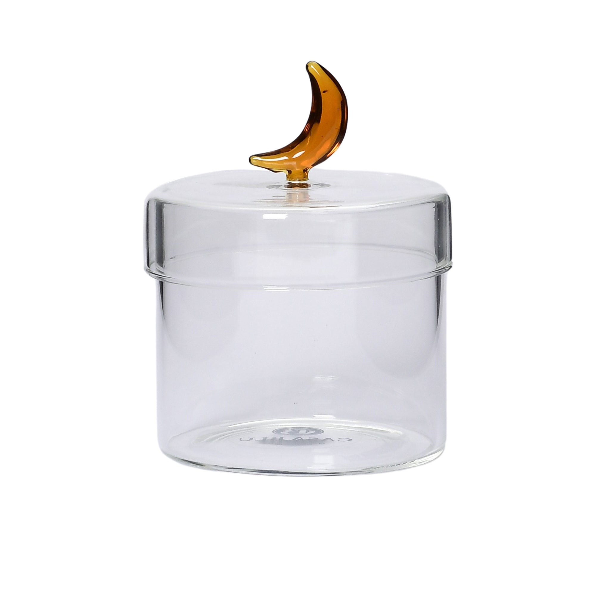 Favorite Glass clear straight storage jar with amber moon lid. Available for Online Purchase