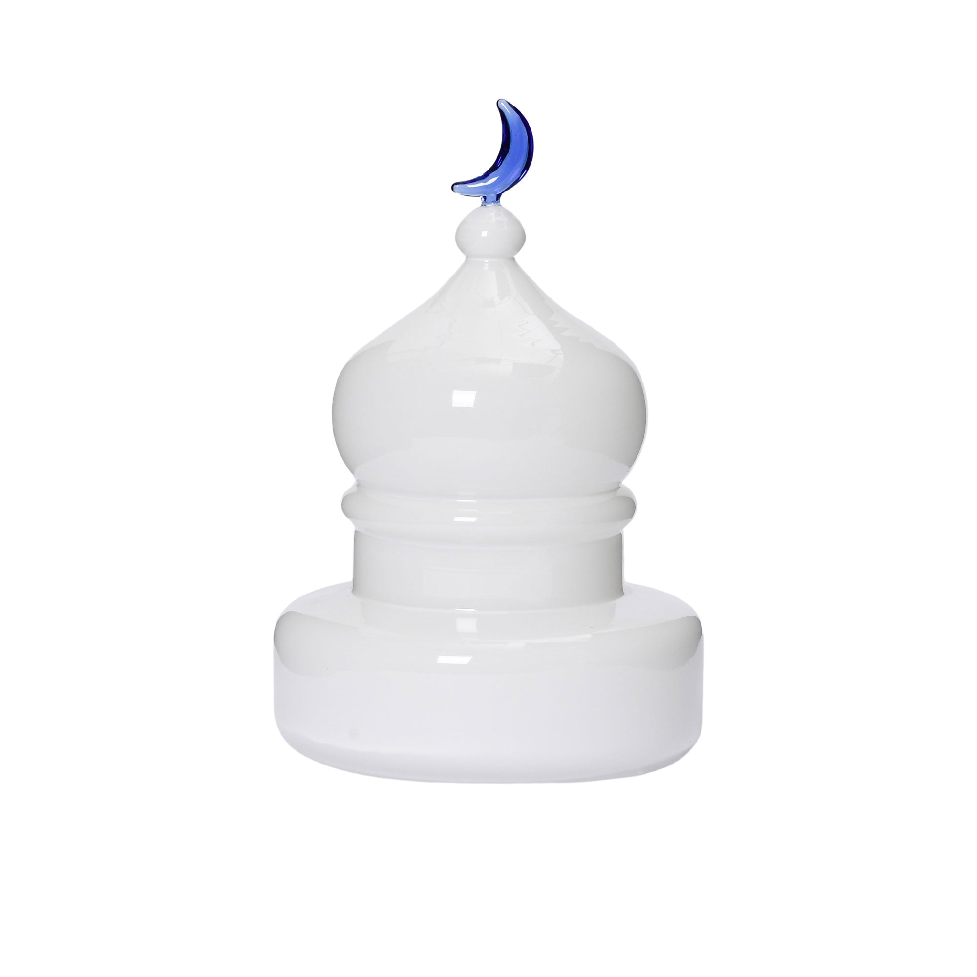 Favorite Glass decorative dome ornament with white glass body and blue moon accent. Find the Collection Online