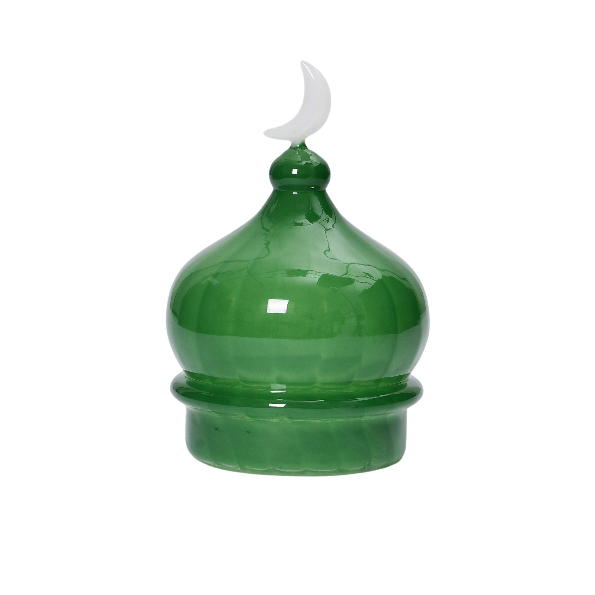 Favorite Glass solid green dome ornament with white moon accent. Available Now Online