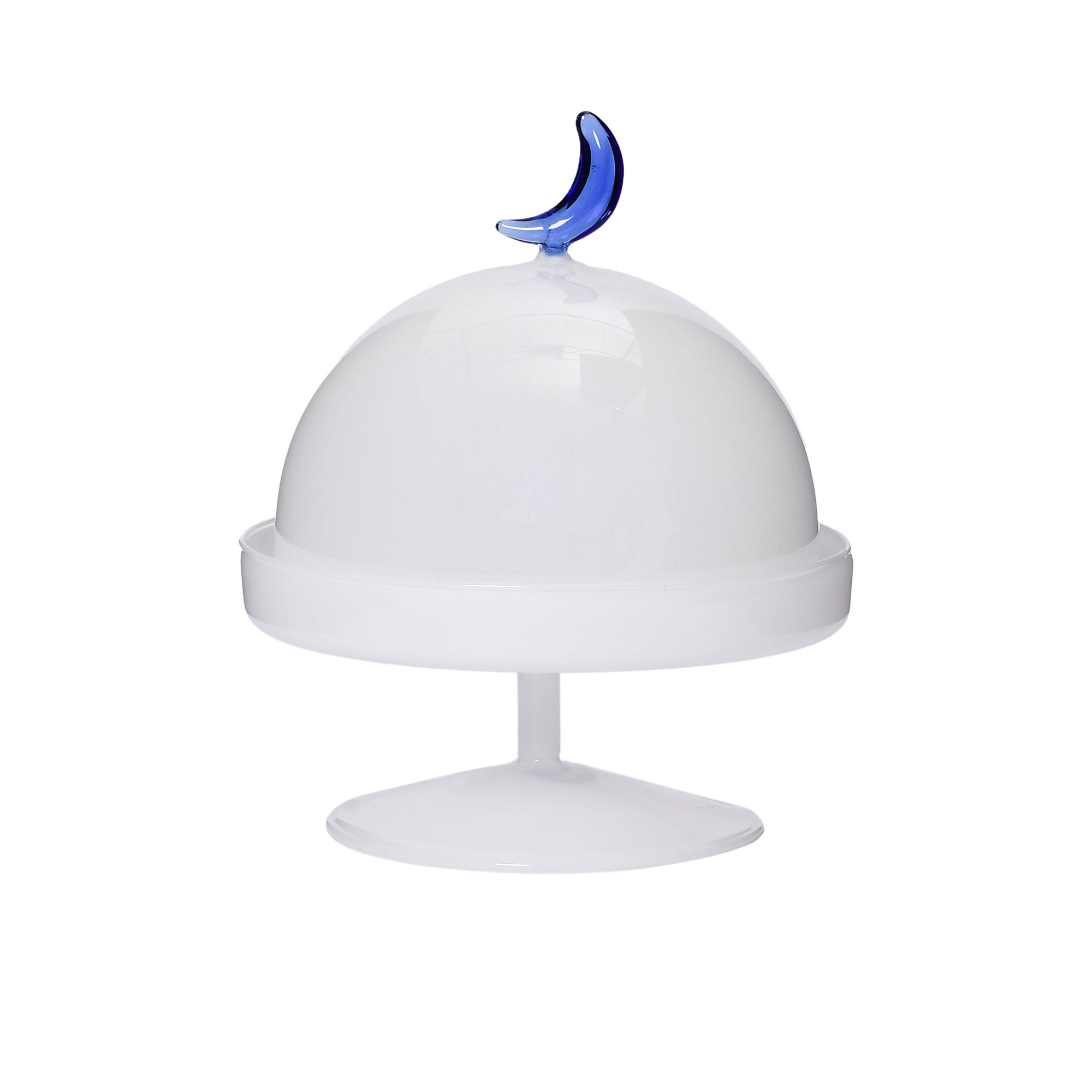 Favorite Glass white cake stand with white glass dome and blue moon handle. Shop Now Online
