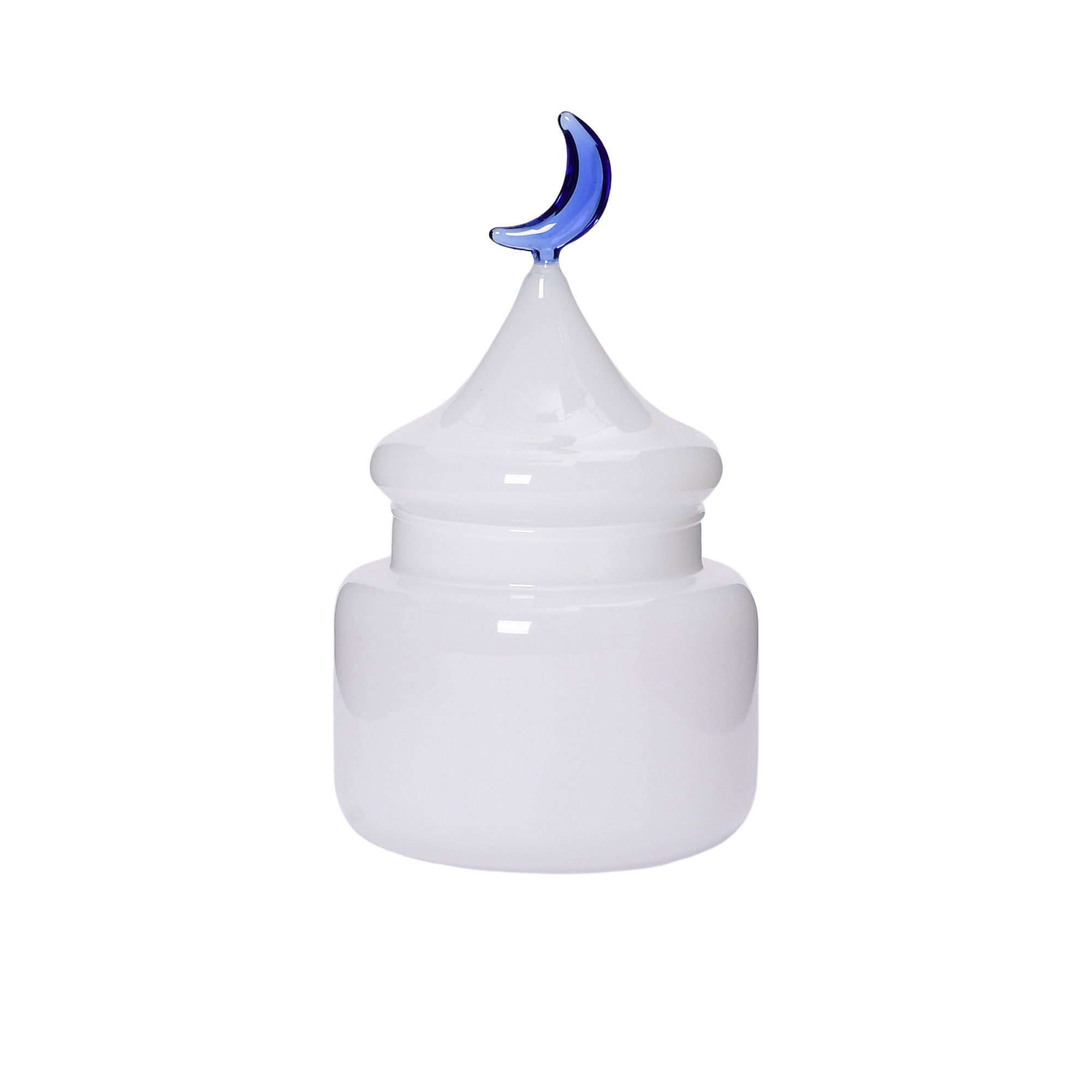 Favorite Glass white decorative storage jar with dome lid and blue moon handle. Shop the Collection Online