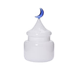 Favorite Glass white decorative storage jar with dome lid and blue moon handle. Shop the Collection Online
