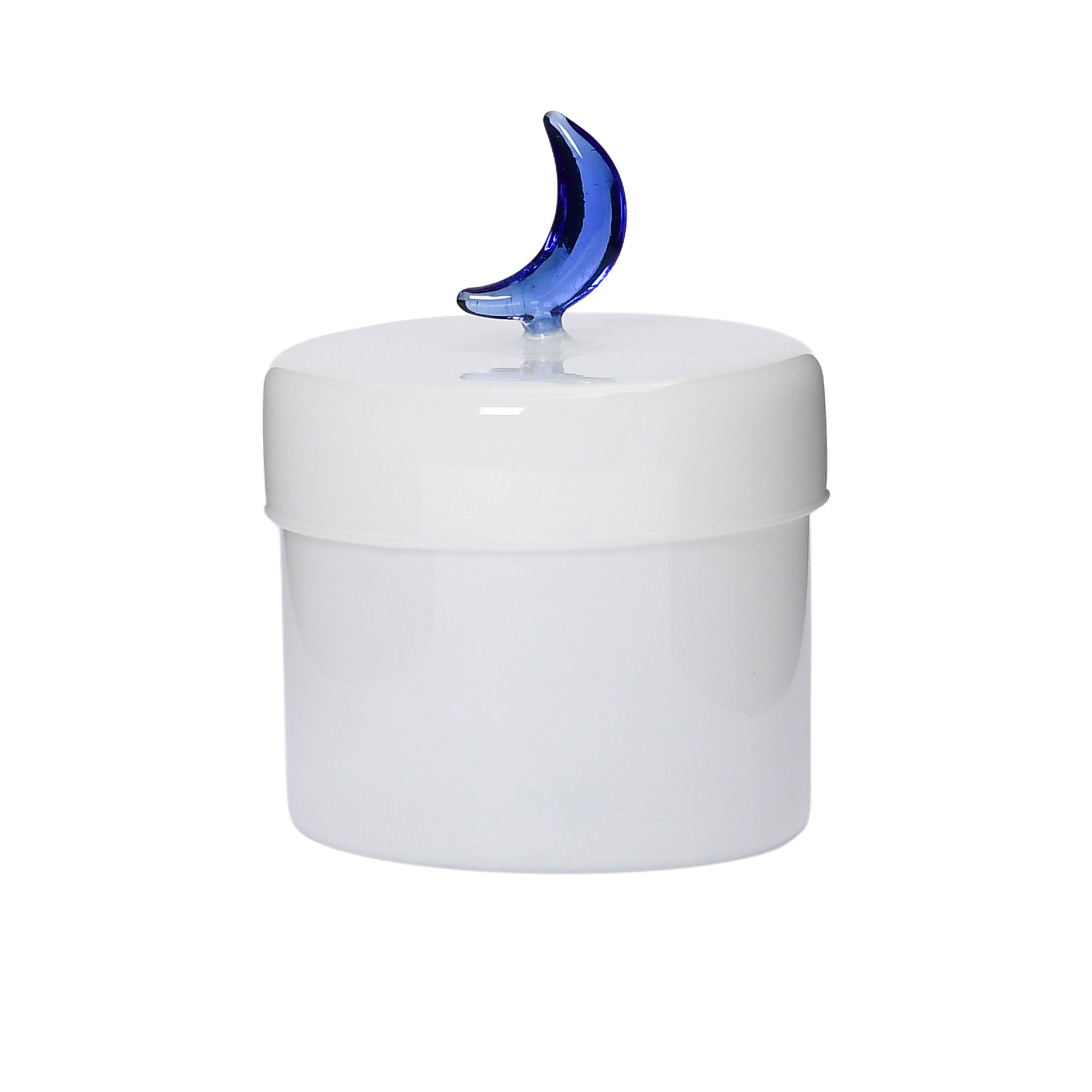 Favorite Glass white straight storage jar with blue moon lid. Available for Online Purchase