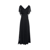 Floor-length chiffon evening dress by Fiordelli Donna, featuring sheer flutter sleeves and a cinched waist decorated with vertical lines of crystals and beads.