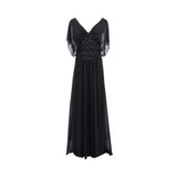 Floor-length chiffon evening dress by Fiordelli Donna, featuring sheer flutter sleeves and a cinched waist decorated with vertical lines of crystals and beads.