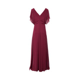 Floor-length chiffon evening dress by Fiordelli Donna, featuring sheer flutter sleeves and a cinched waist decorated with vertical lines of crystals and beads.