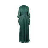 A floor-length emerald green pleated evening gown by Fiordelli Donna, featuring a high neck, knotted waist detail, and long bishop sleeves with ruffled cuffs, isolated on a white background.