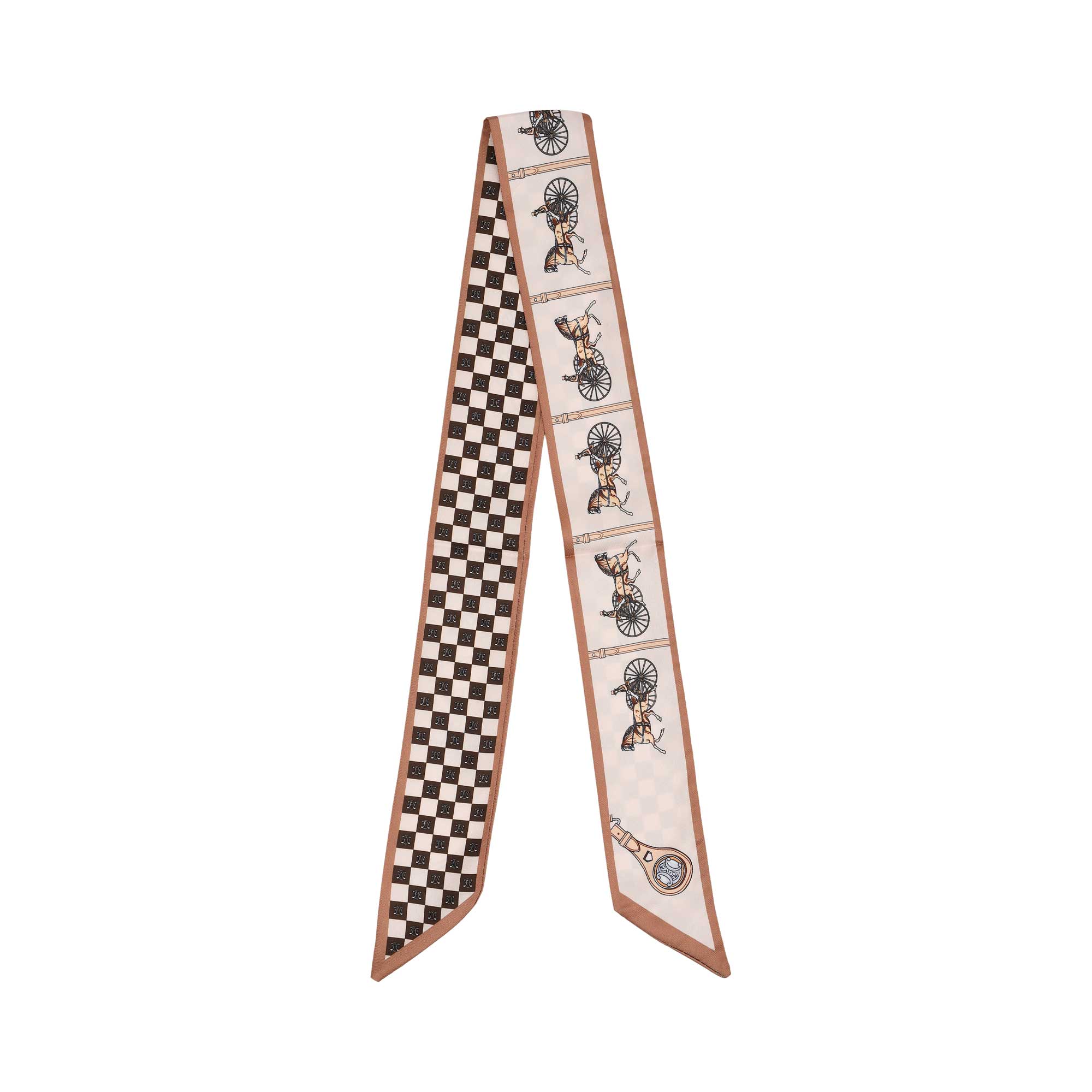 Flat View of the Muni women’s beige multicolor printed twilly scarf with checkerboard and equestrian motif design. Available Now Online