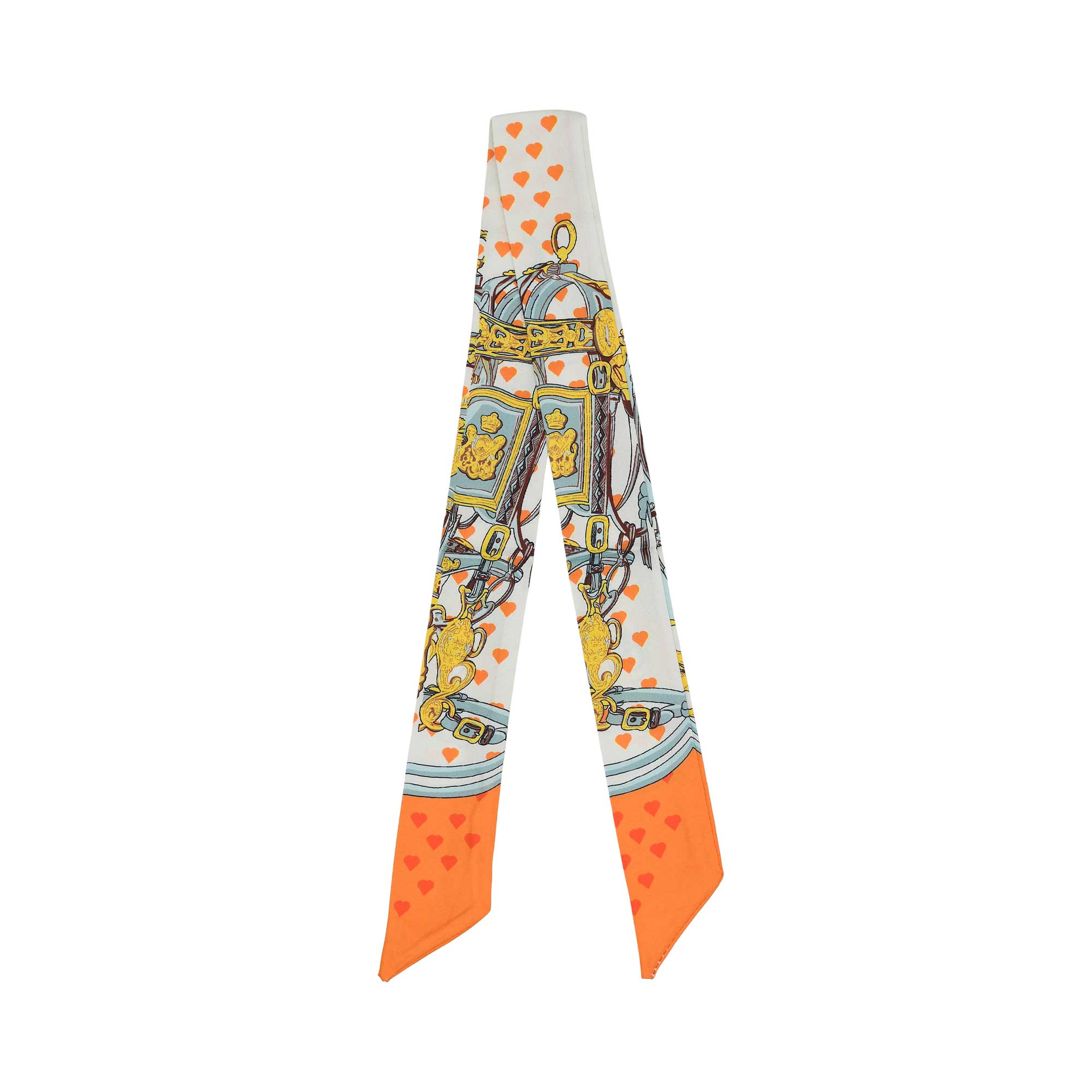 Flat View of the Muni women’s multicolor twilly scarf with orange heart motifs and equestrian print. Now Available Online