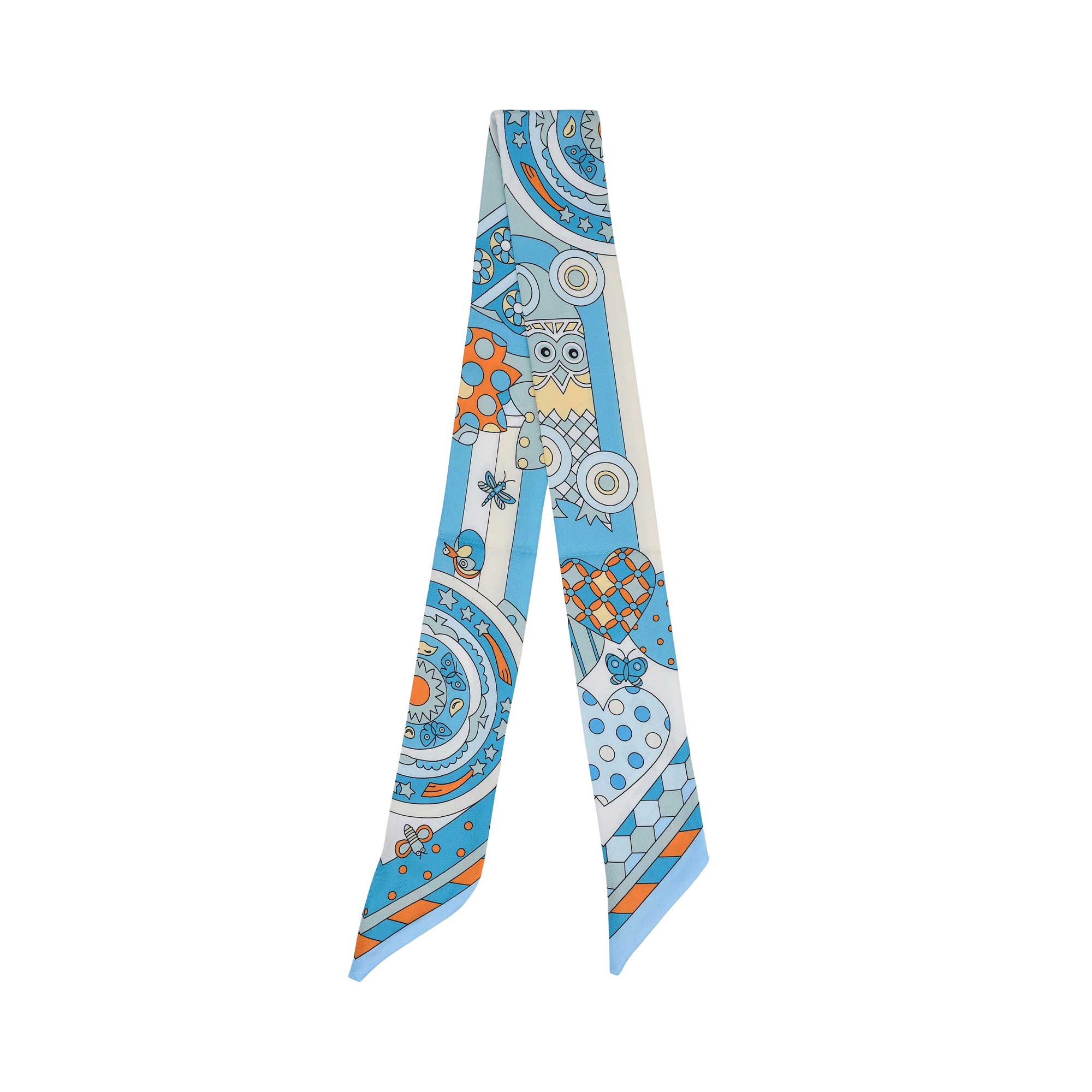 Flat view of the Muni women’s blue twilly scarf with owl, heart and geometric multicolor print. Shop Now Online