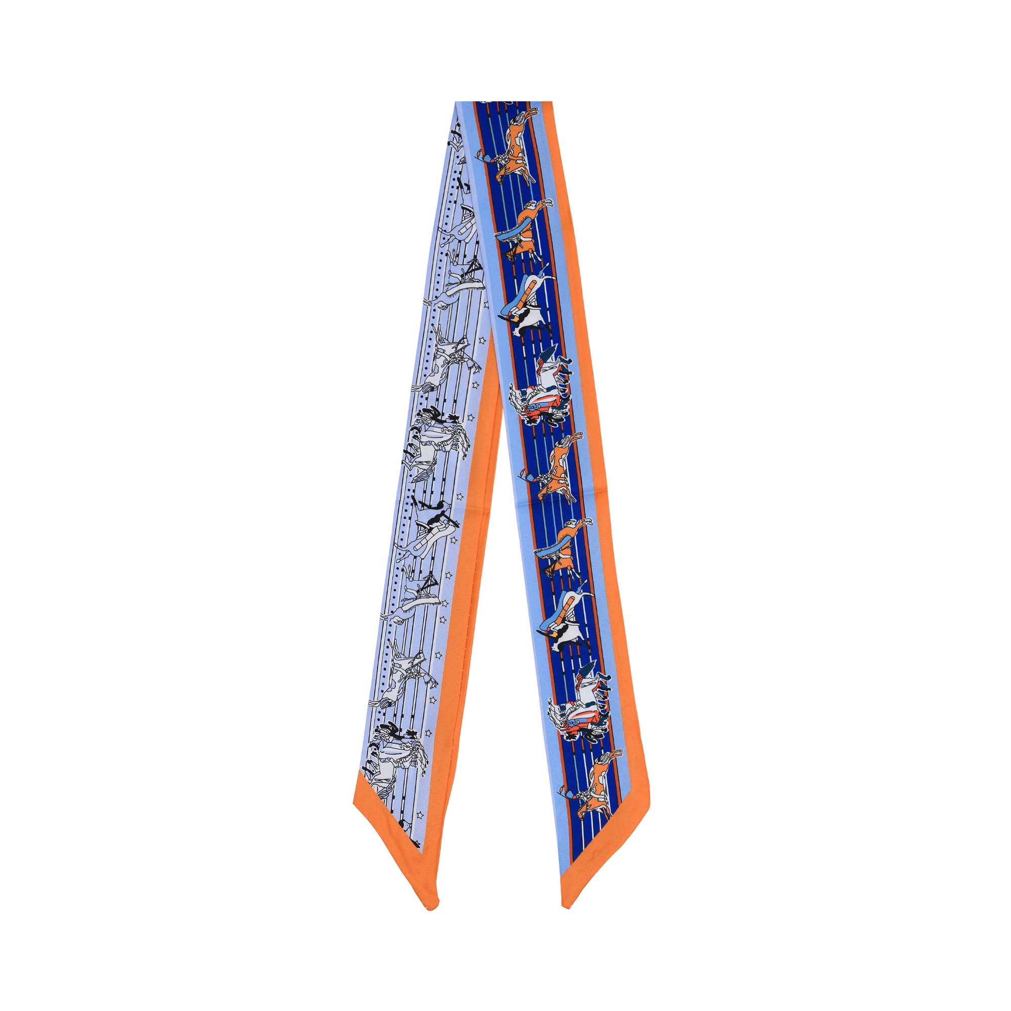 Flat view of the Muni Women’s Blue/Orange Multicolor Printed Twilly Scarf, a refined printed accessory. Available Online
