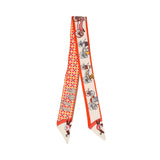 Flat view of the Muni Women's Orange Multicolor Printed Twilly Scarf with carriage and geometric print – Order the Collection Online