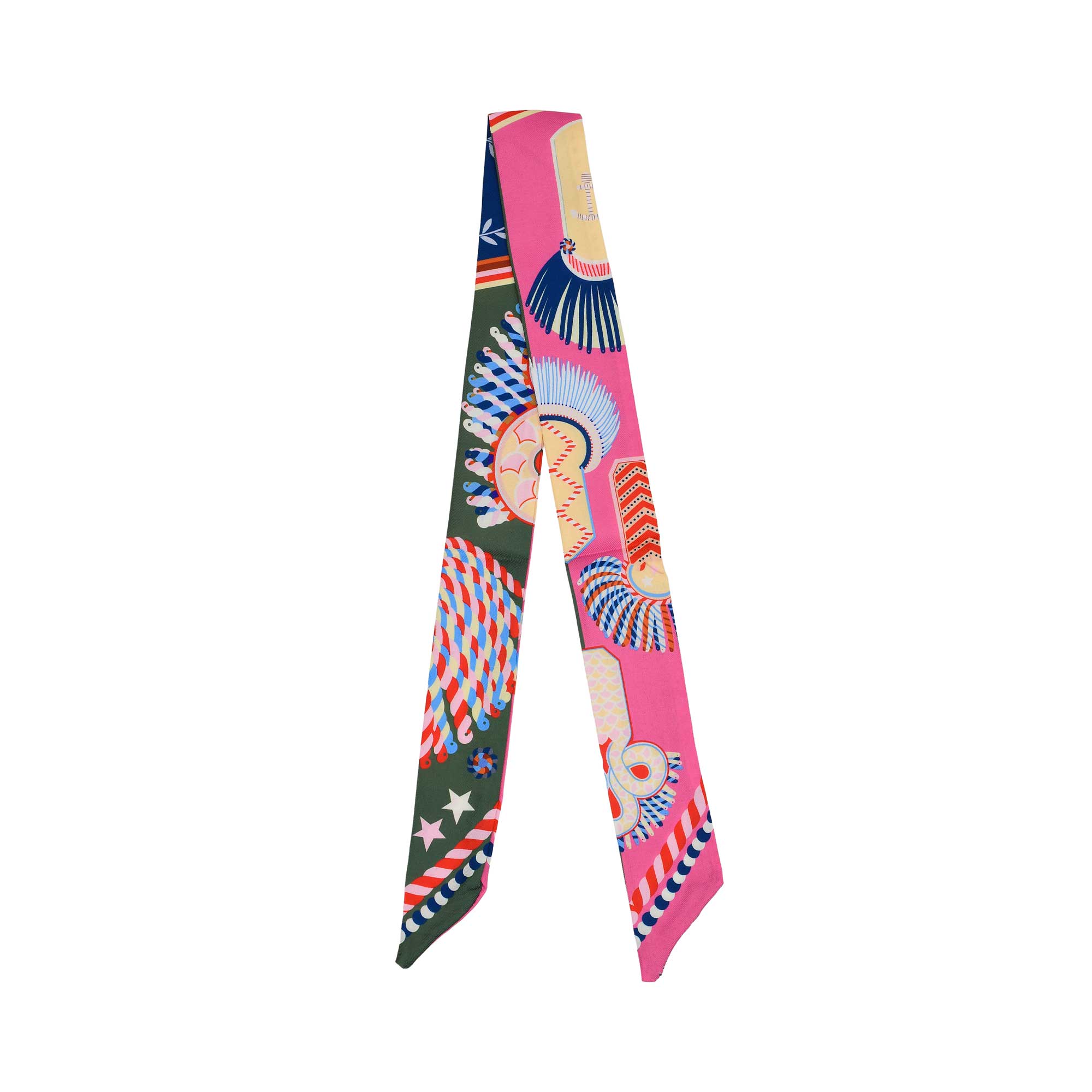 Flat view of the Muni pink multicolor printed twilly scarf with vibrant pattern detailing. Available Online Today