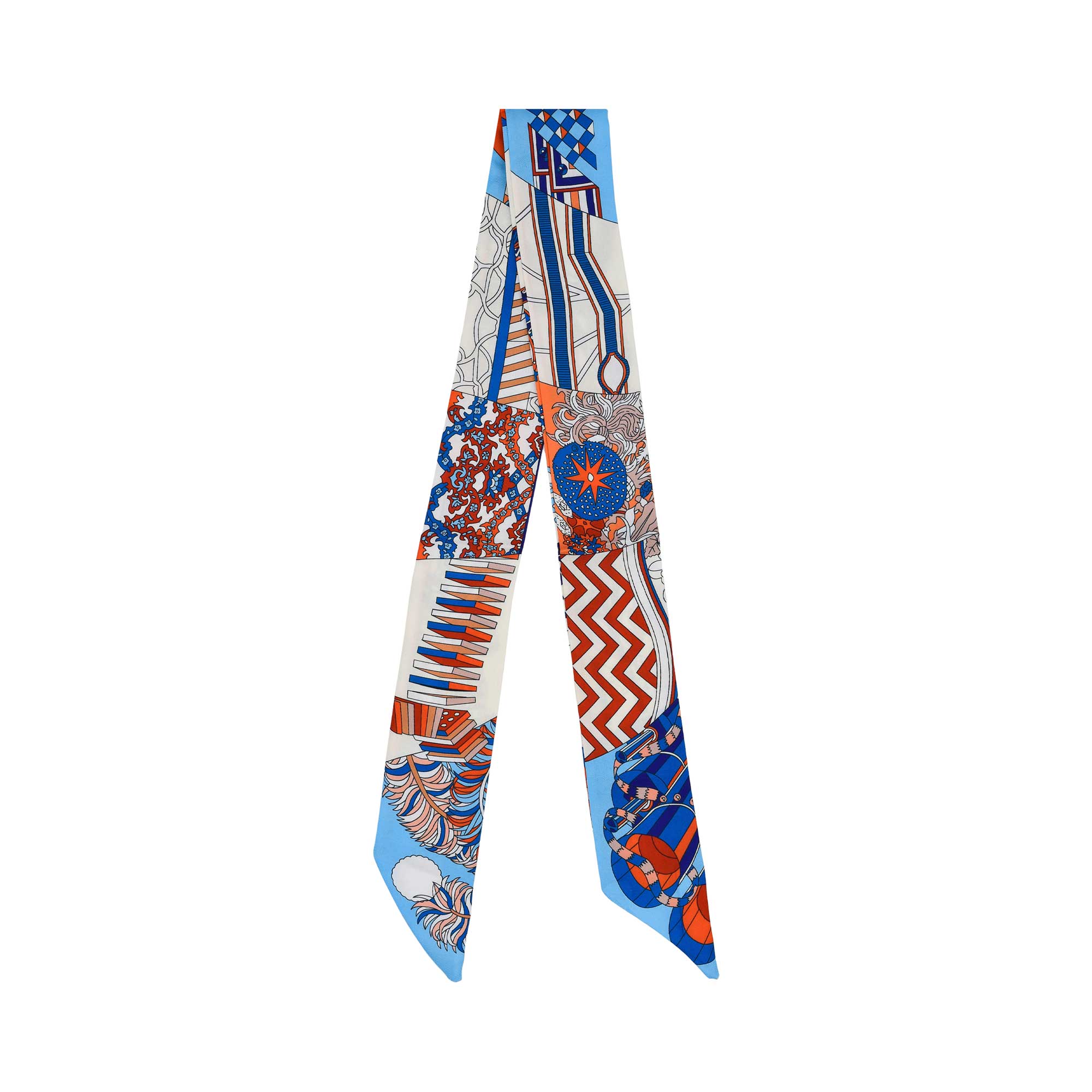 Flat view of the Muni women’s Blue multicolor geometric printed twilly scarf, featuring blue and orange abstract geometric design. Shop Online Today