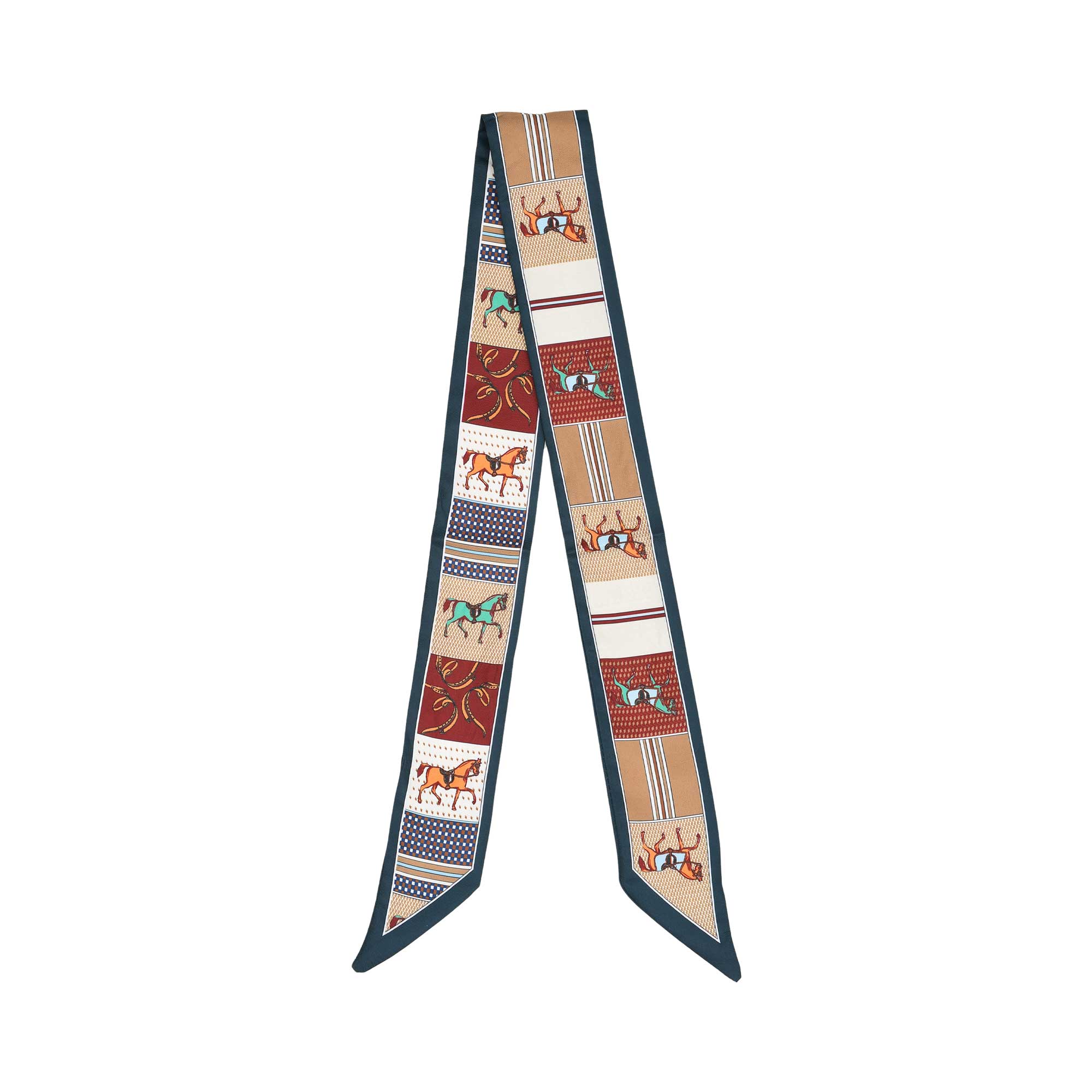 Flat view of the Muni women’s multicolor equestrian printed twilly scarf with horse motifs and teal border. Find the Collection Online