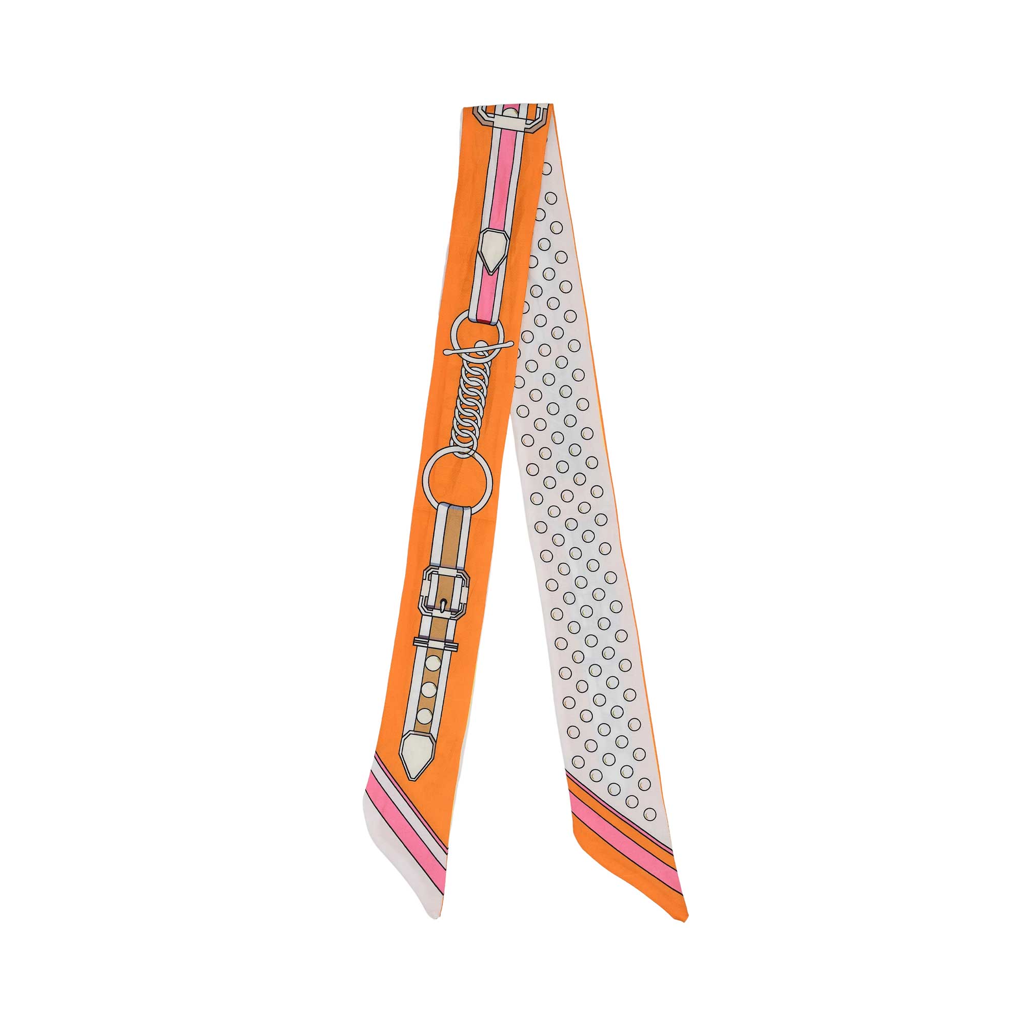 Flat view of the Muni women’s orange printed twilly scarf, with belt buckle motif and brown polka dot detailing. Available for Online Purchase