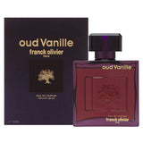 Franck Olivier Oud Vanille Eau de Parfum bottle in deep purple glass with gold lettering and embossed tree design.