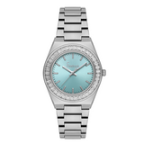 Freelook women's stainless steel watch featuring a blue dial and polished bracelet