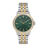 Freelook women's watch featuring a dark green dial and two-tone stainless steel bracelet